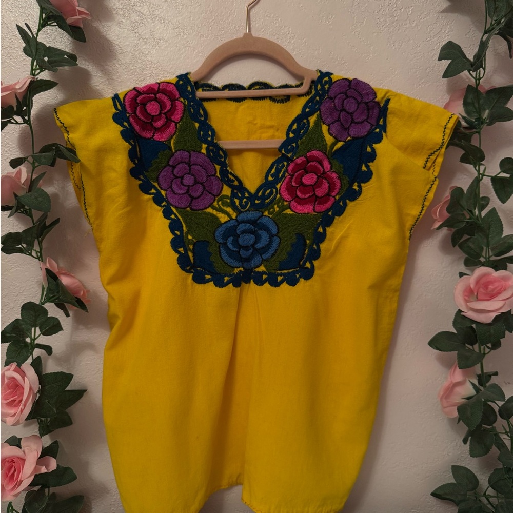Embroidered Floral Yellow Mexican Blouse